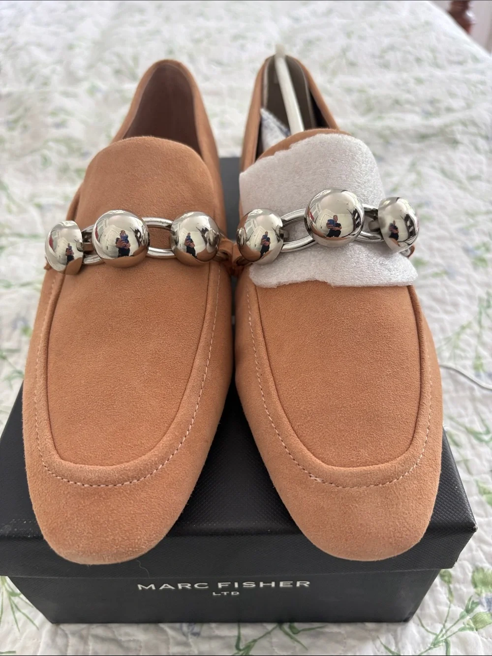 Marc Fisher Two-Tone Suede Loafers with Silver Ball Chain-7.5-